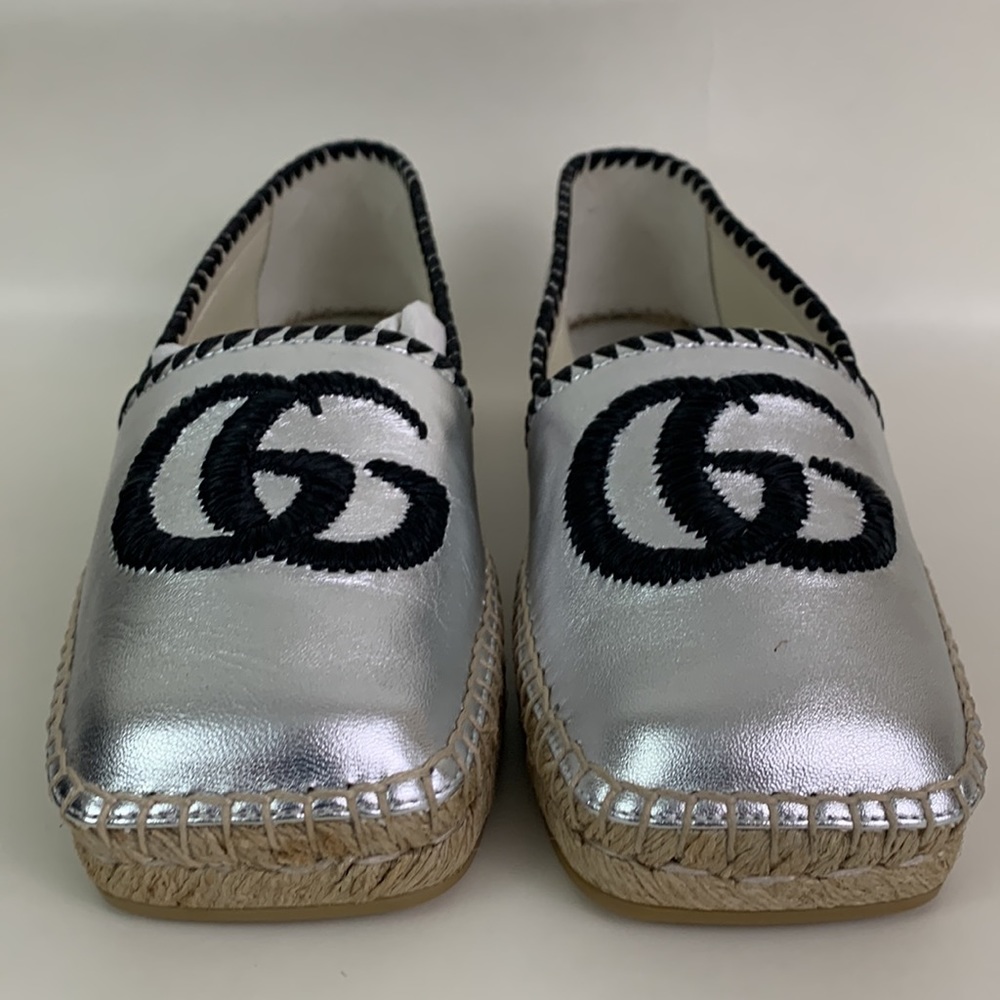 NEW Gucci Espadrille Size 37 (7) GG Marmont Silver Metallic - Picture 2 of 14